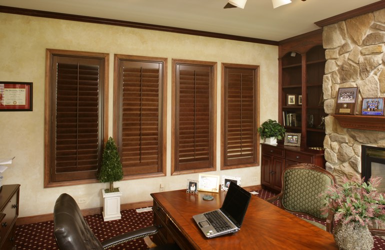 Hardwood plantation shutters in a Houston home office